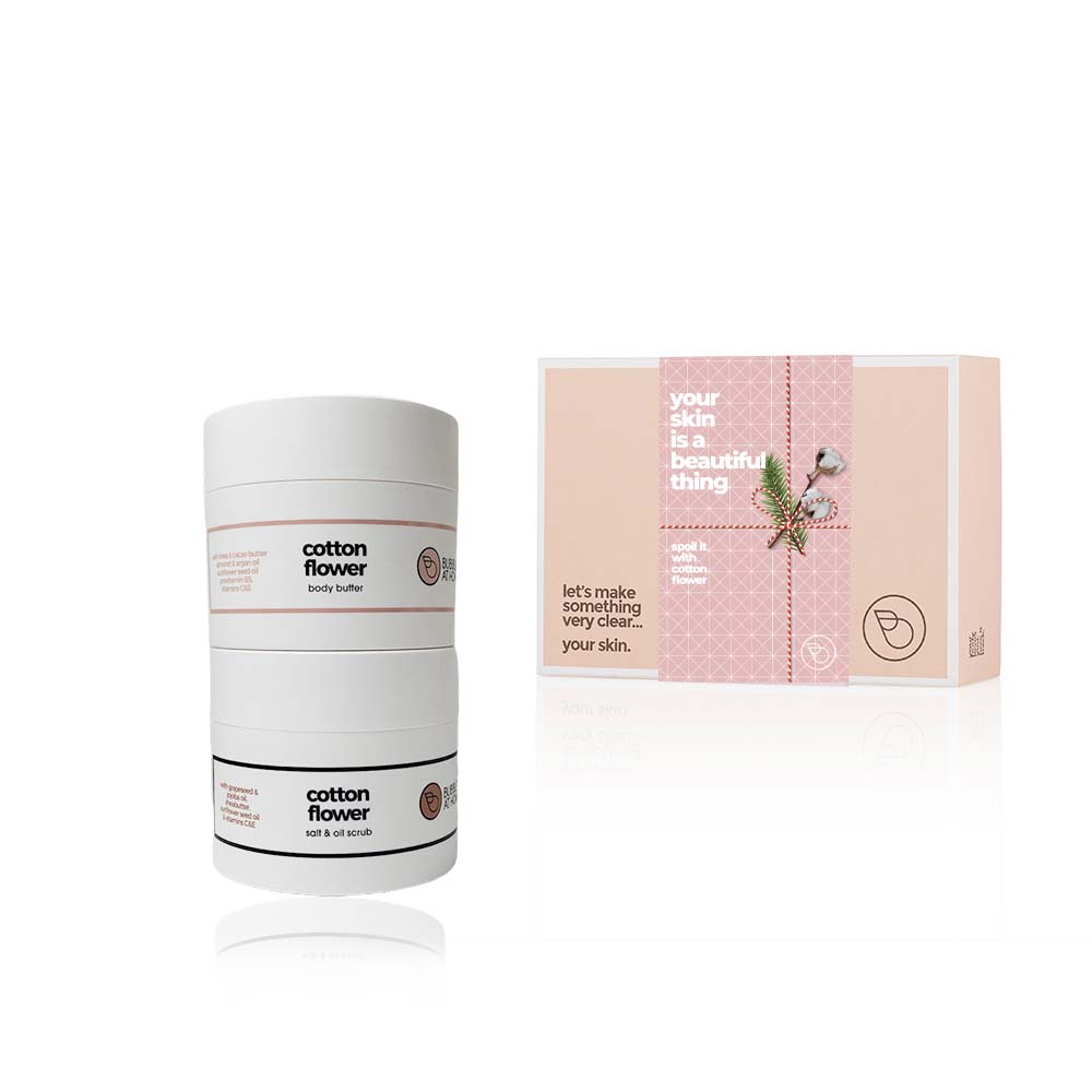 coffret cadeau combo beurre corporel  & gommage a l'huile fleur de cotton
